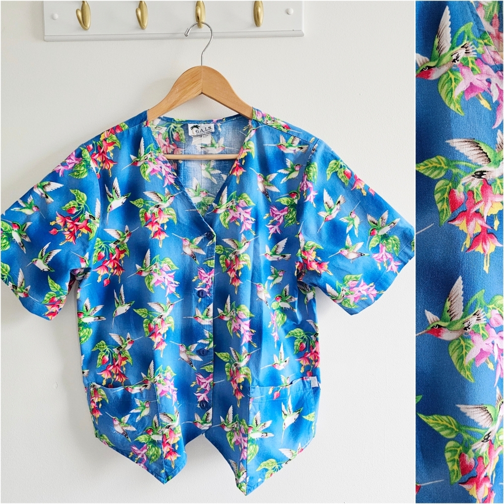Vintage G.A.L.S. of California Multi-Color Scrub Cotton Hummingbirs Tropical Top